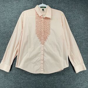 Lauren Ralph Shirt Womens XL Pink Striped Ruffle Button Up Office‎ Old Money